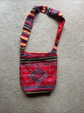 Red Boho Embroidered Crossbody Cloth Bag - New